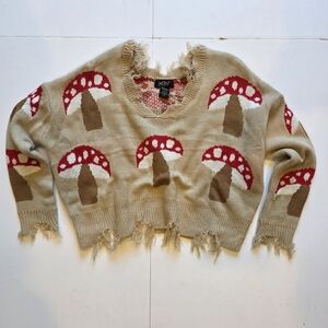 Mushroom Pattern Fringed Sweater in Tan and Red